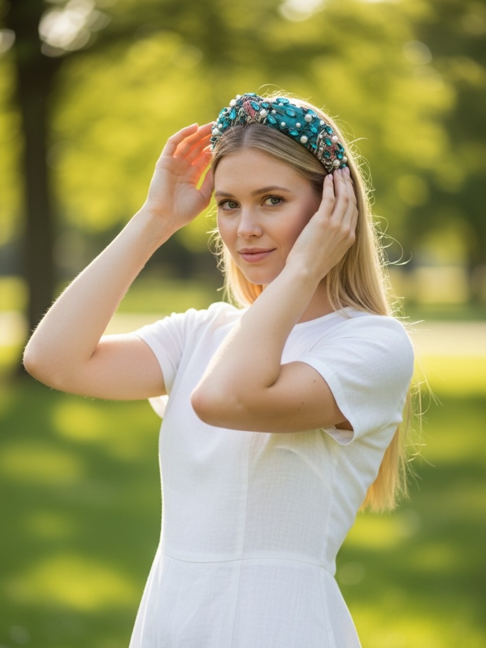 Golden Lily. Teal Embellished Pearl & Gem Headband